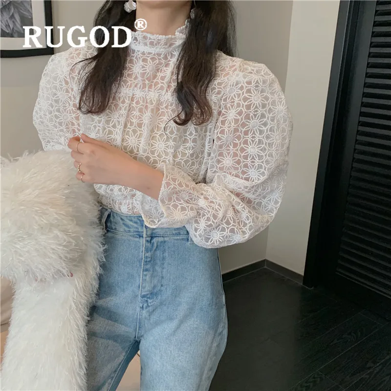 RUGOD, Весенняя кружевная блузка, женские блузки с длинным рукавом, элегантная Прозрачная сетка, сексуальный топ, корейская мода, одежда с пышными рукавами, рубашка