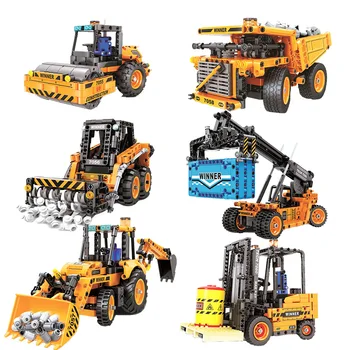 

7055 Engineering Vehicle Technic Forklift Road Roller Crane Truck Wheel Excavator Mechanical Building Blocks Toys For Children