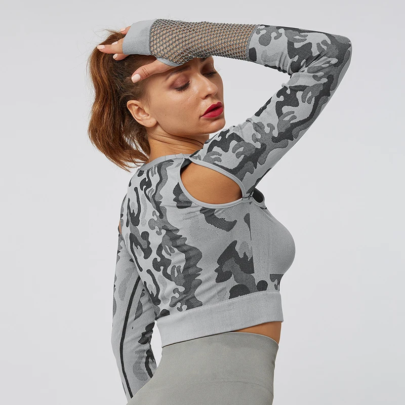 

New Fashion Cropped Top Women Seamless Gym Shirt Camouflage Knitted Fitness Top Sport Shirt Breathable Hollow Mesh Running Shirt