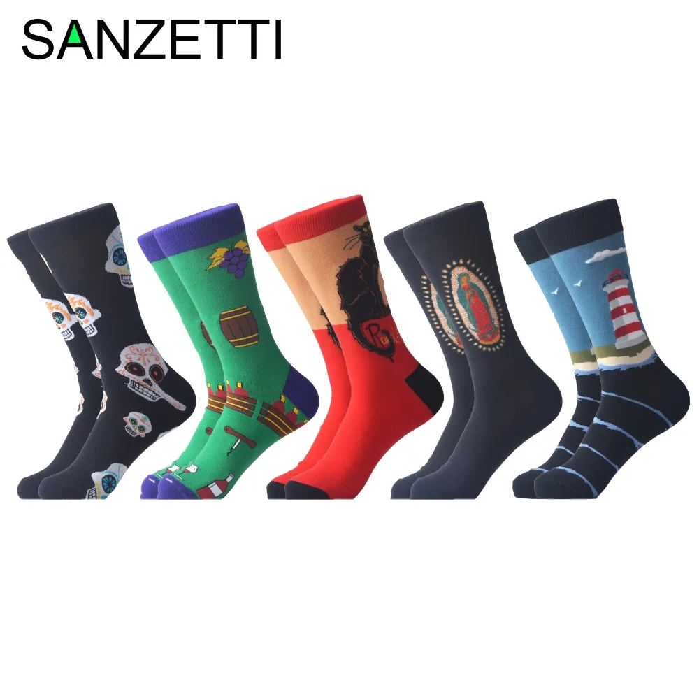 SANZETTI, 5 пара/лот, мужские повседневные носки из чесаного хлопка, носки для свадебной вечеринки, Веселые носки в стиле хип-хоп, новинка, яркие носки в клетку