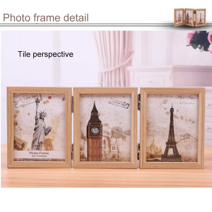 Tri-fold Wooden Photo Frame Folding Retro Tabletop Decoration for Home Office RT99