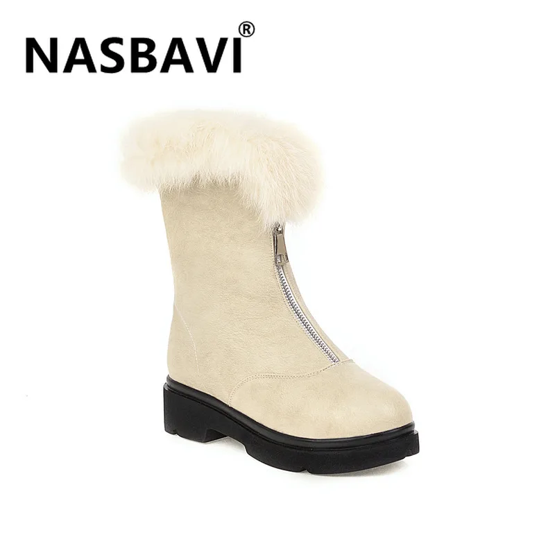 

New Popular Women Snow Boots Real rabbit hair mid Heels Warm Fur Inside Solid color zipper Winter Boots Female Shoes Woman