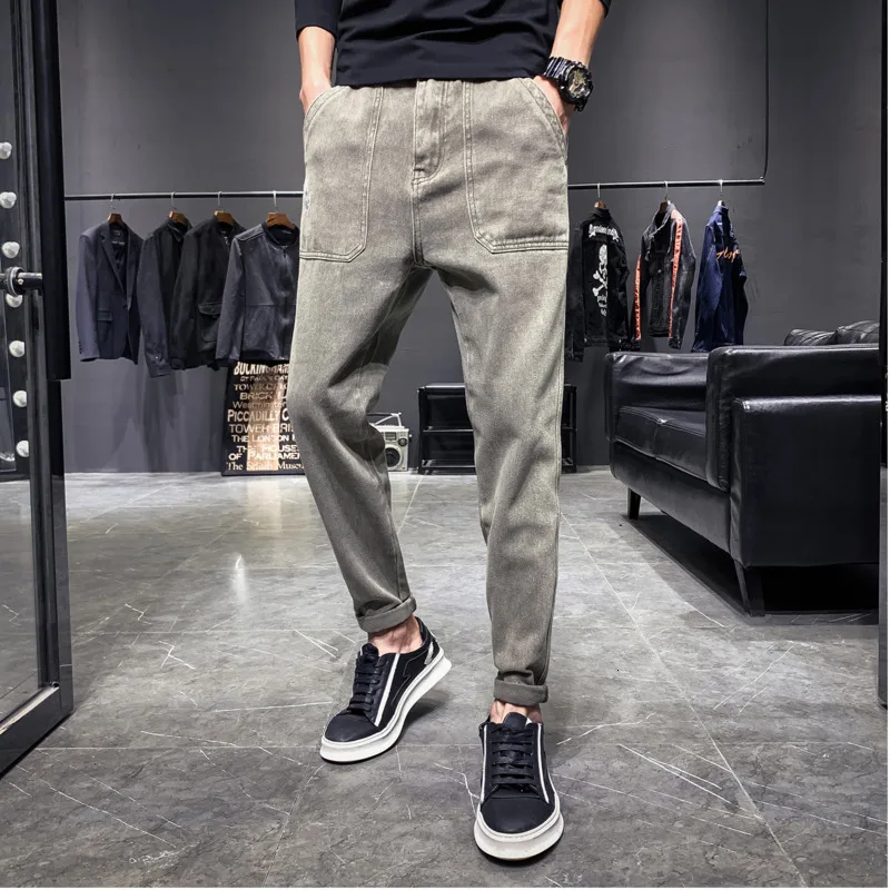 Autumn And Winter New Korean Version Of The Small Harlan Fashion Casual Solid Color Loose Jeans Men's Army Green 28-36