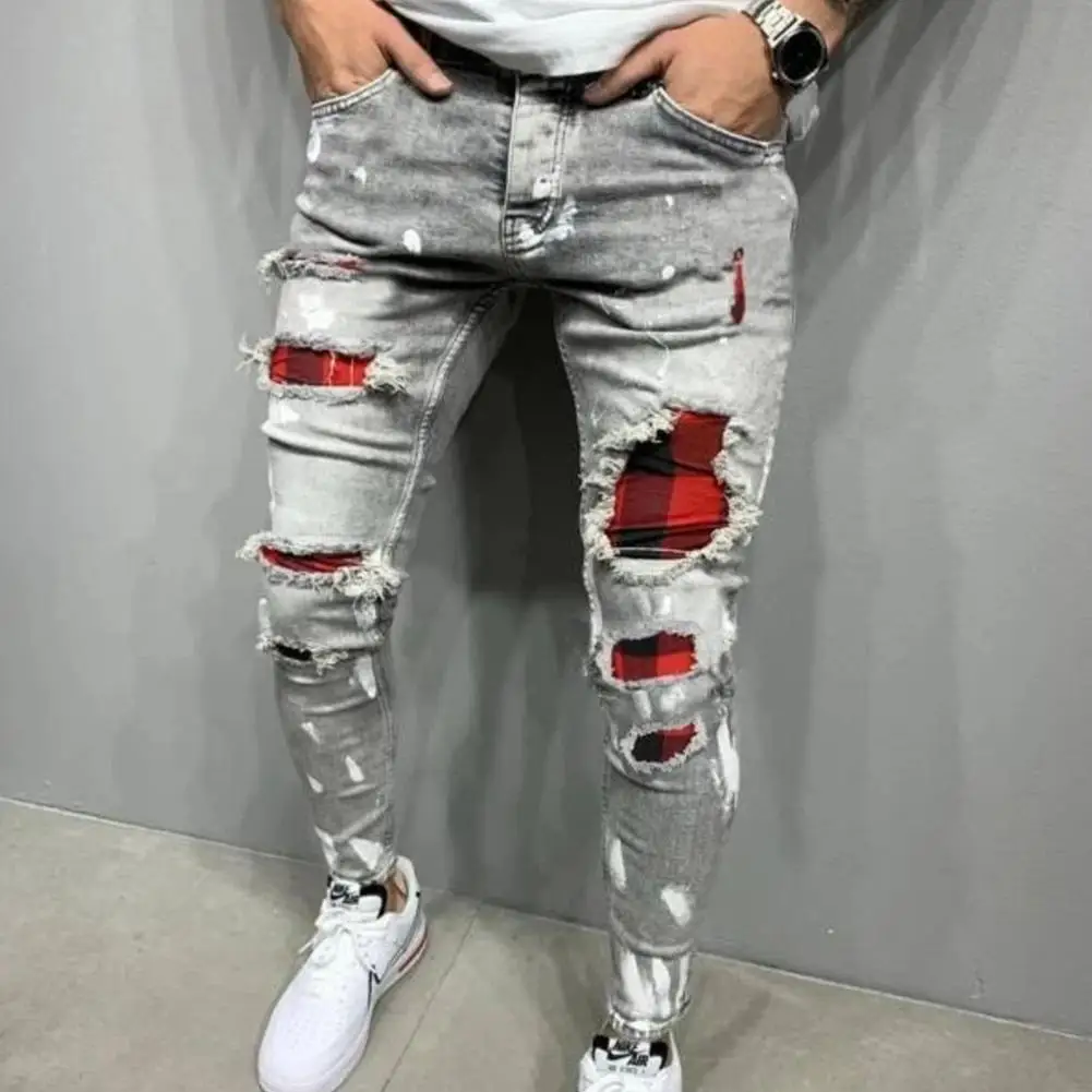 Men's Ripped Jeans Fashion Distressed Skinny Stretch Denim Pants Neat Hand Painted Washed Worn Out Pieced Zipper Placket Trouser 2