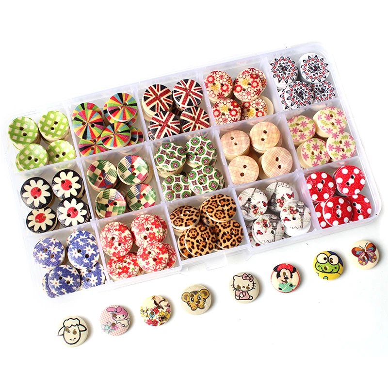 

225pcs Cartoon Printed Round 12-18mm Wood Buttons Mix Animals Wooden Button 2 Holes For Clothing Decoration DIY Sewing Accessary