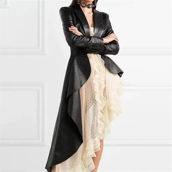 

Leather Jacket Women Black Faux Pu Leather Coat Streetwear Vintage Ladies Long Jacket Ruffle Coat Steampunk Moto Jackets Women