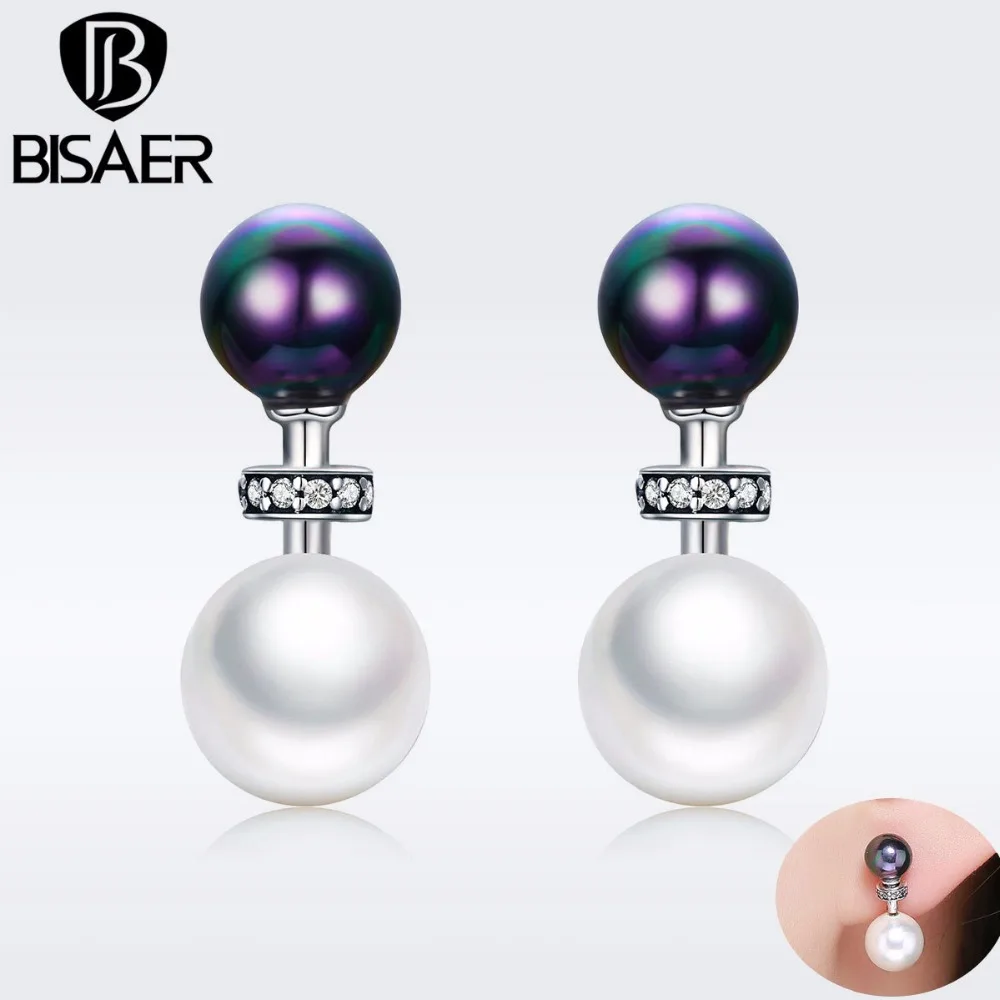 BISAER, 925 пробы, серебряные, двухсторонние, круглые, прозрачные, CZ, маленькие серьги-гвоздики для женщин, Brincos, Стерлинговое Серебро, ювелирное изделие, GXE304