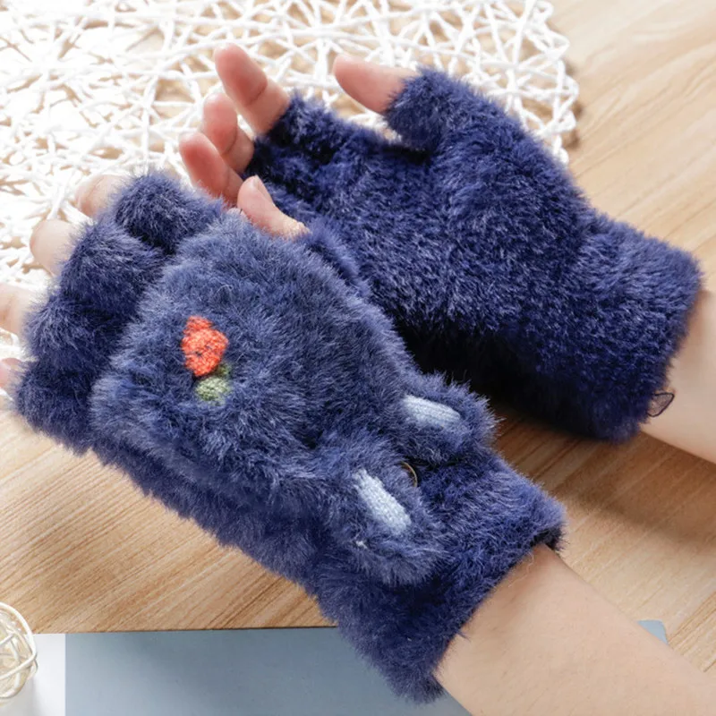 Плюшевые перчатки для девочек с милыми кроличьими ушками закрытые полупальцами
