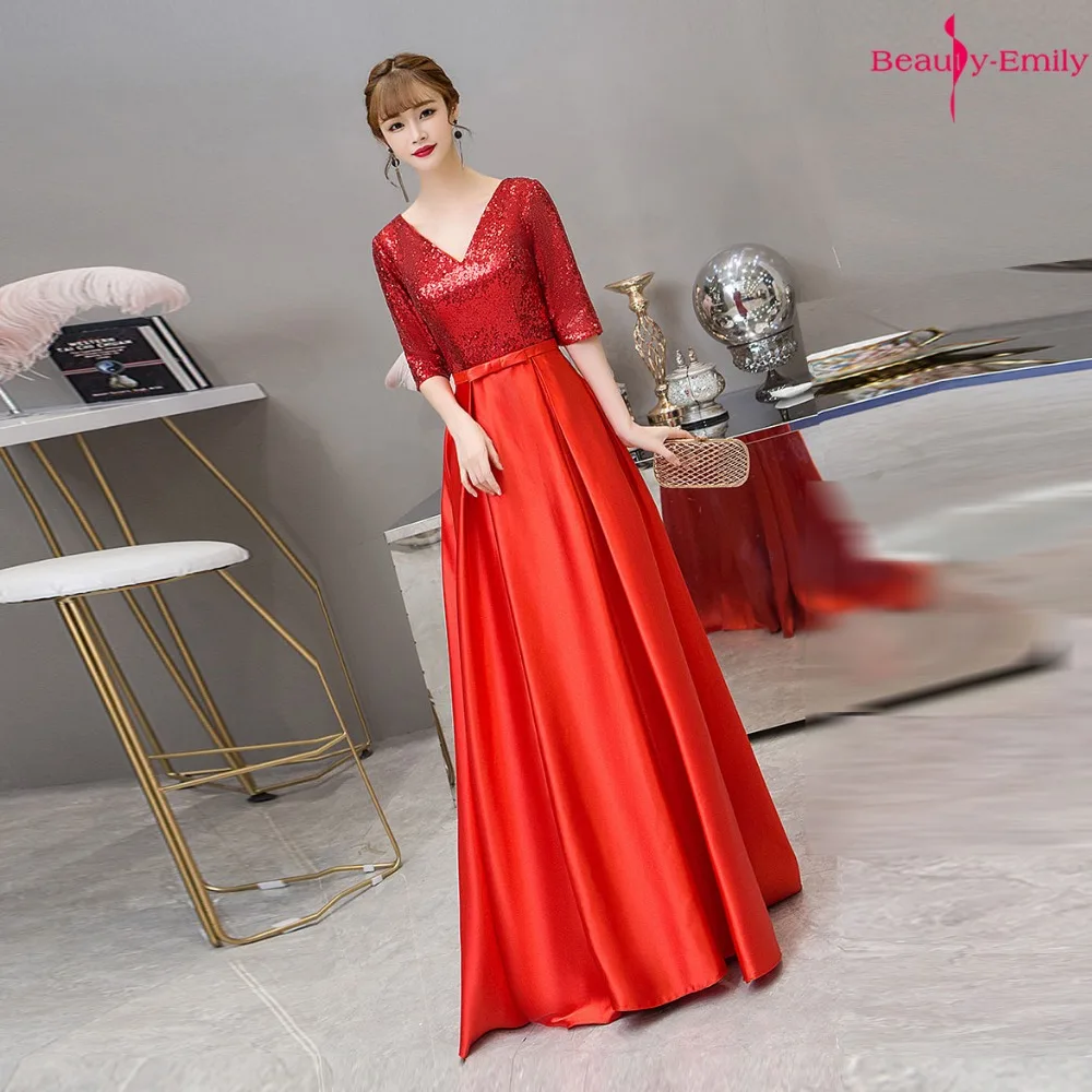 Beauty-Emily, v-образный вырез,, вечернее платье с блестками, длинное, красное, половина рукава, атласное, торжественное платье, вечерние платья, на шнуровке, сзади, Vestido de noche