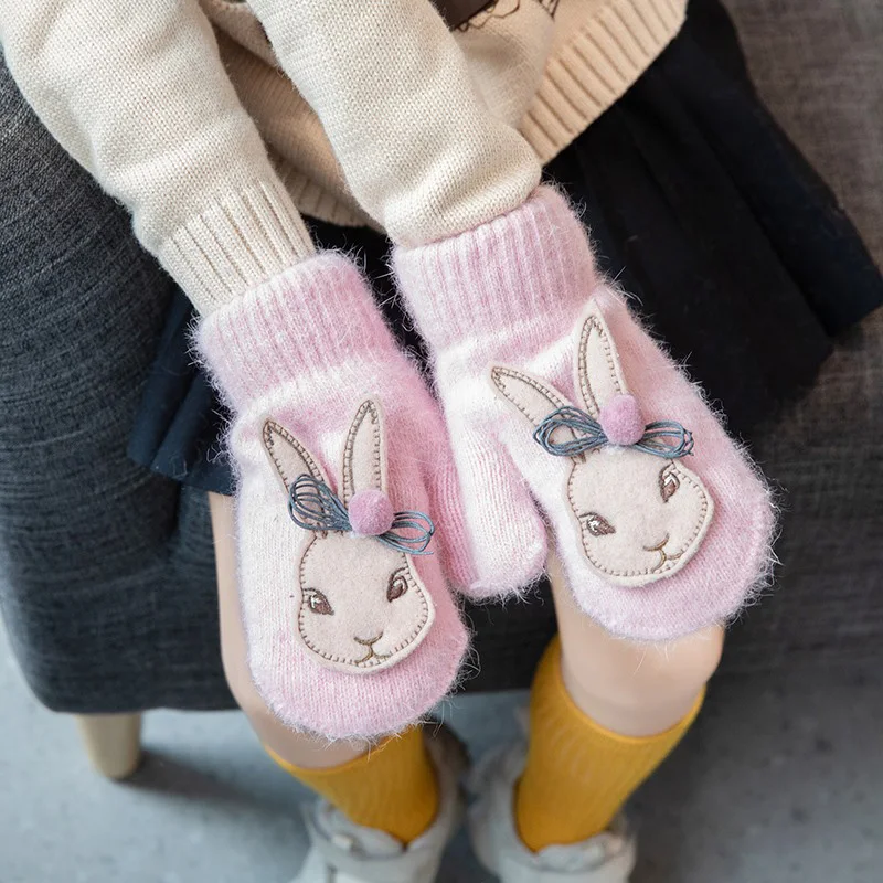 Теплые зимние перчатки с рисунком кролика для детей, перчатки, детские варежки, милые рукавички с изображением животных для девочек, уплотненные меховые рукавички, детские варежки принцессы