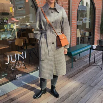 

Women Autumn Winter Plaid Cashmere Long Overcoat Single Breasted Slim Waist Coat Jacket with Waistbelt Vintage Outwear