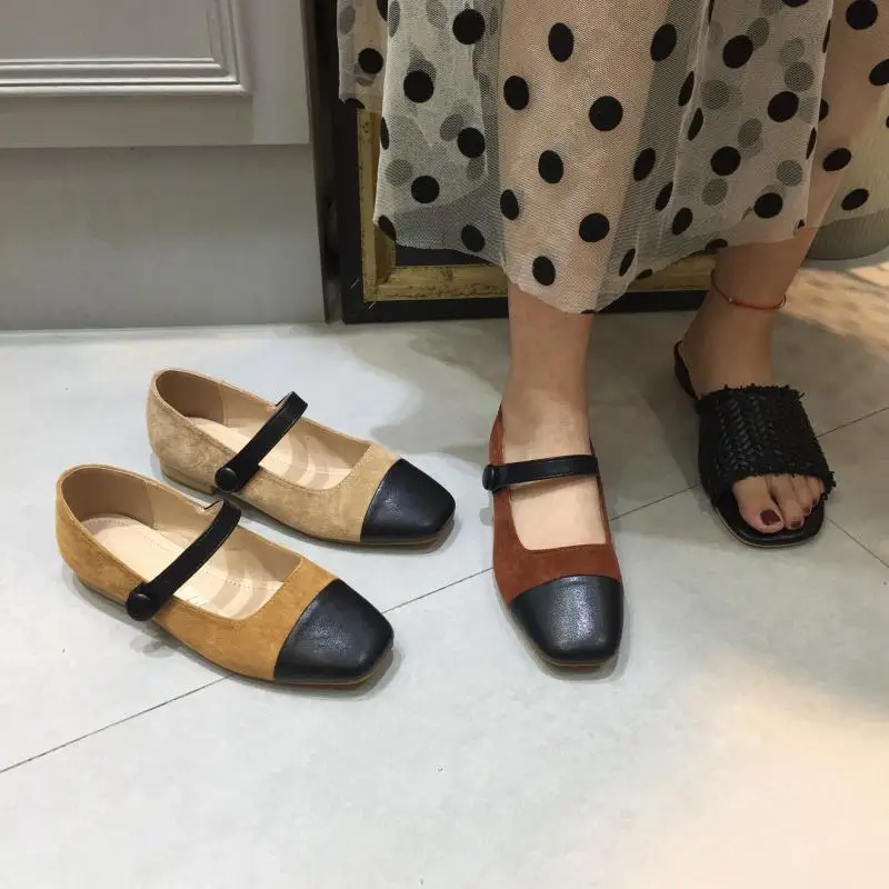 

2019 new color matching square head shallow mouth Mary Jane comfortable word pair single shoes