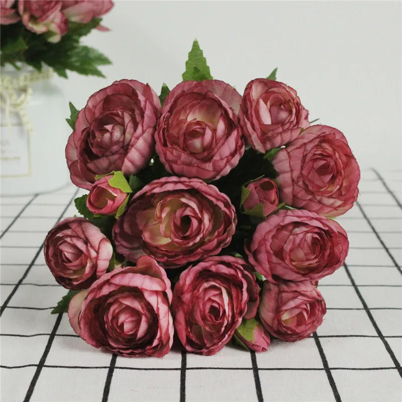 Lovegrace 10 голов мини букет чайной розы цветок искусственный шелк роза невесты сестра держа букет гостиной украшение стола - Цвет: Burgundy