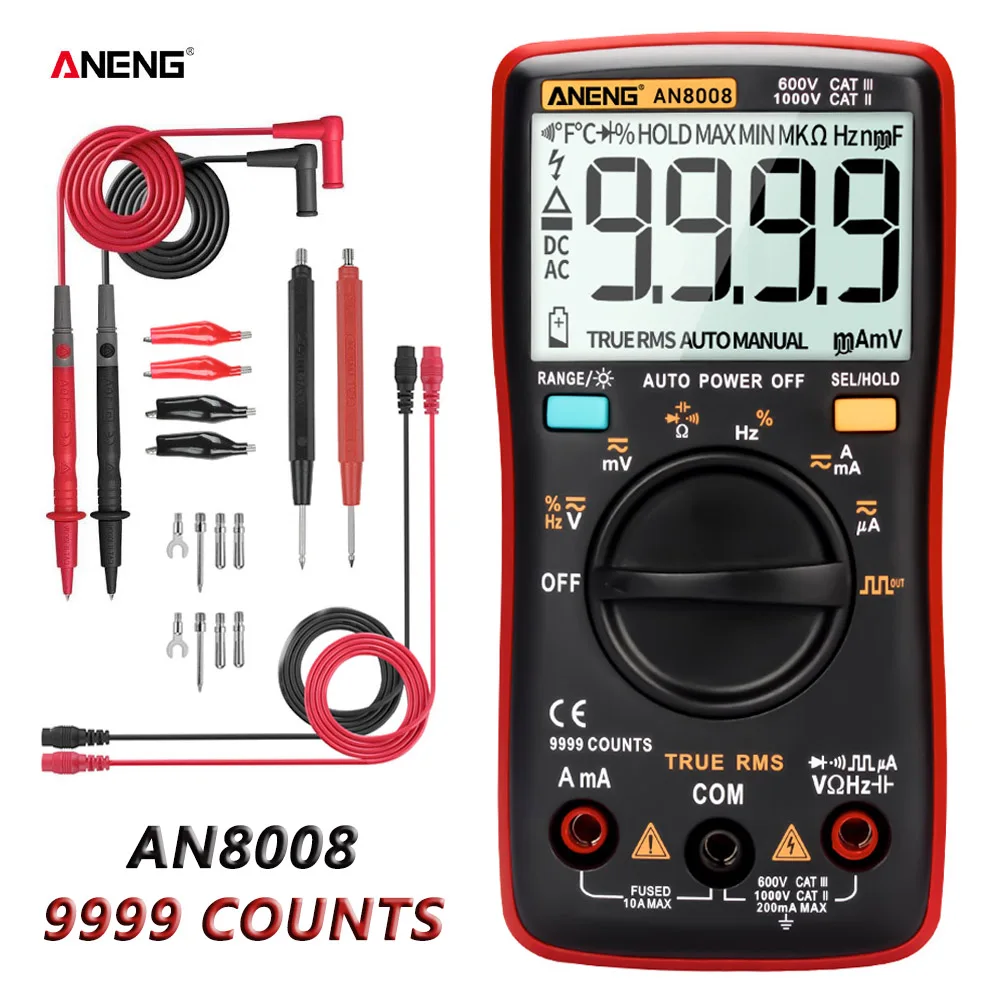 Aneng Laranja True-rms Multímetro Digital 9999 Contagens Transistor Tester Capacitor Testador Automotivo Elétrico Rm409b Clipe Teste An8008