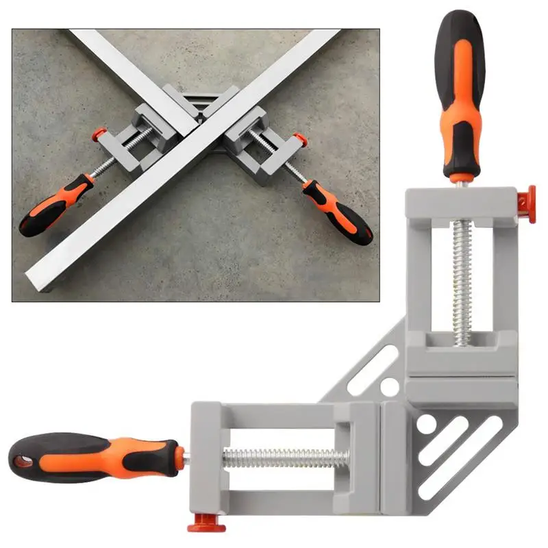 Single Handle 90°Corner Clamp Orange Aluminum Alloy Right Angle Clip Clamp Tool Woodworking Photo Frame Vise Holder with Adjustable Swing Jaw Housolution Right Angle Clamp 
