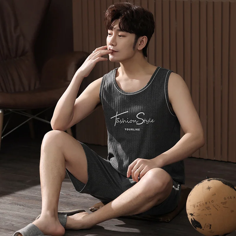 Men's Pajamas Set Summer Thin Cotton Male Pajamas Sets Vest Sleepwear Sleeveless Tops + Shorts 2pcs/set L-XXXXL