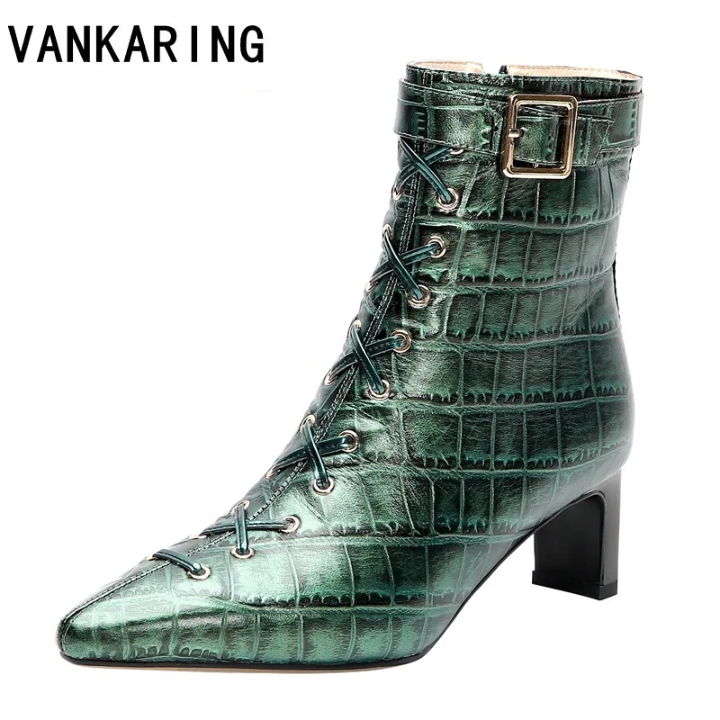 

large size brand designers 2019 new spring autumn women shoes black green high heel boots lacing platform ankle boots dress shoe