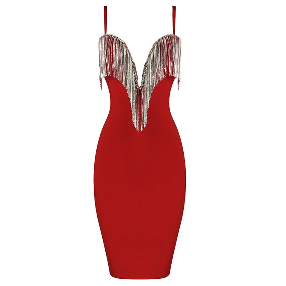 Очаровательные цепи ремни для бандажа платье дизайнер женщин V шеи Кристалл бахрома вискозный, обтягивающий клуб алмаз кисточкой летние мини платья - Цвет: red