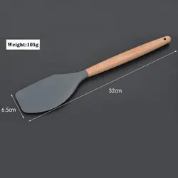 Silicone Kitchenware Set with Wooden Handles - Non - Stick Spatula, Spoon, and Brush (Scraper)