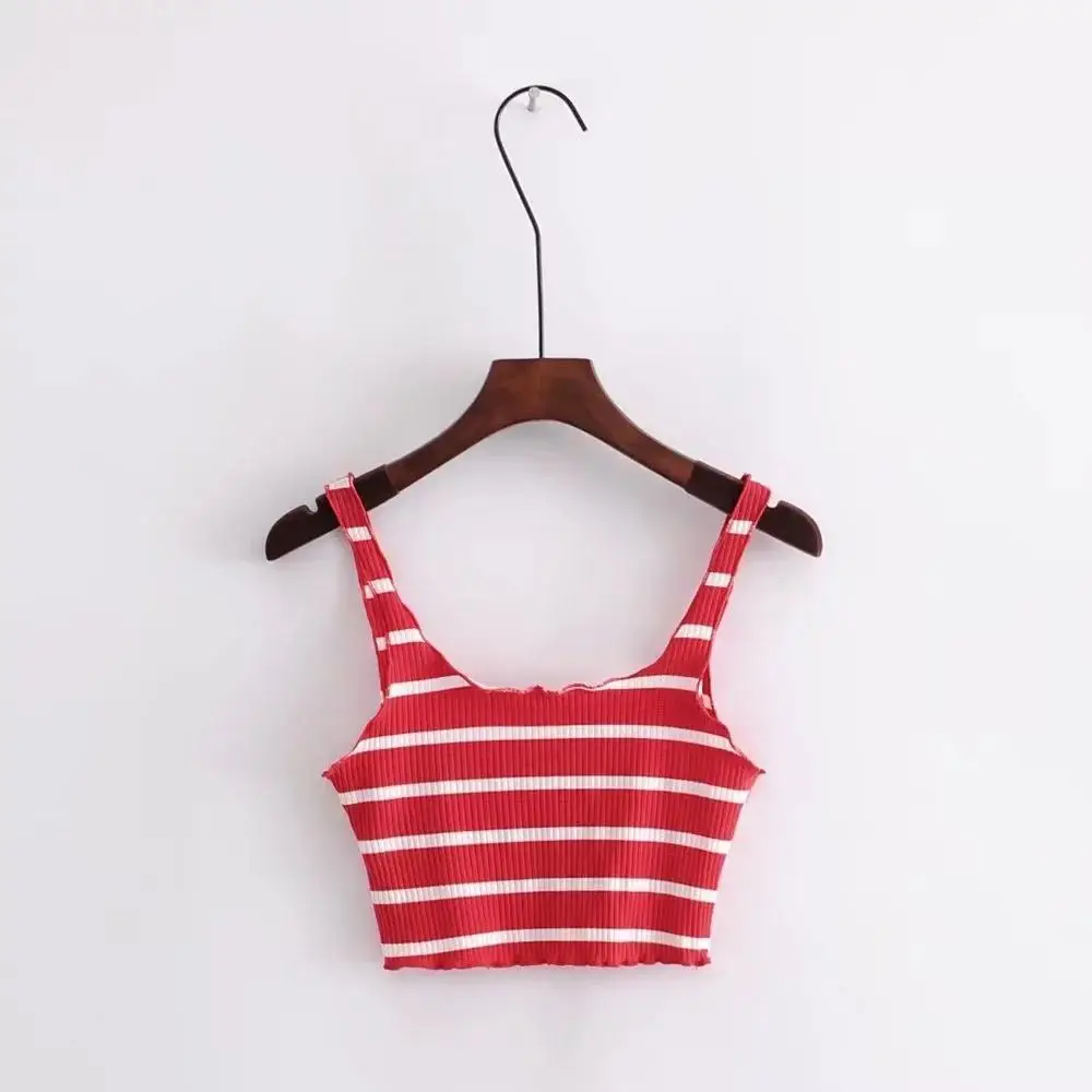 red striped Осень лето женская майка с тонкими бретелями Топы повседневные пляжные полосатые сексуальные винтажные короткие женские короткая женская ночная кофта Майки Топы для женщин - Color: red striped