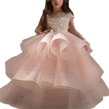 

Flower Girl Dresses Blush Pink First Holy Communion Gowns For Girls Cascade Tulle Party Ball Gown Cloud Beaded Pageant Gowns