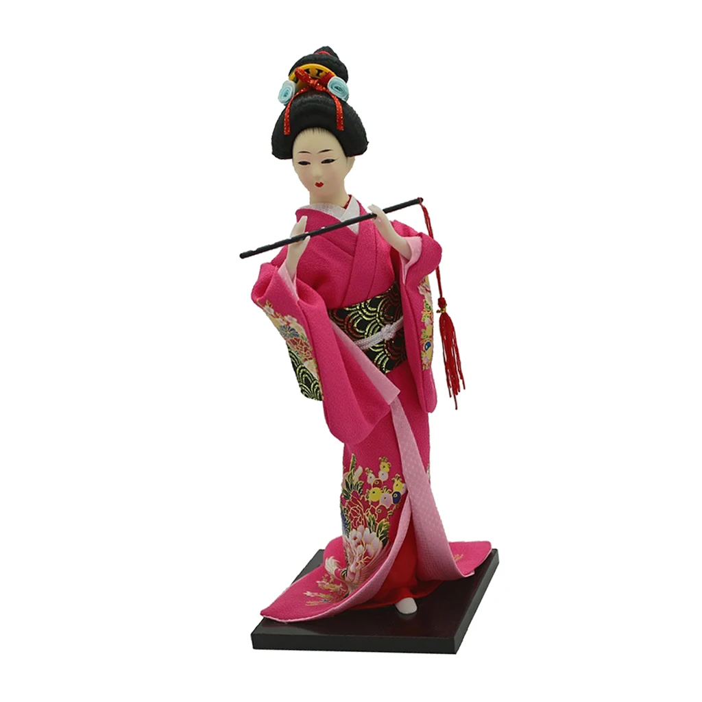 12inch Ancient Japanese Lady Figurine Geisha Doll In Rose Red Kimono W/ Fan