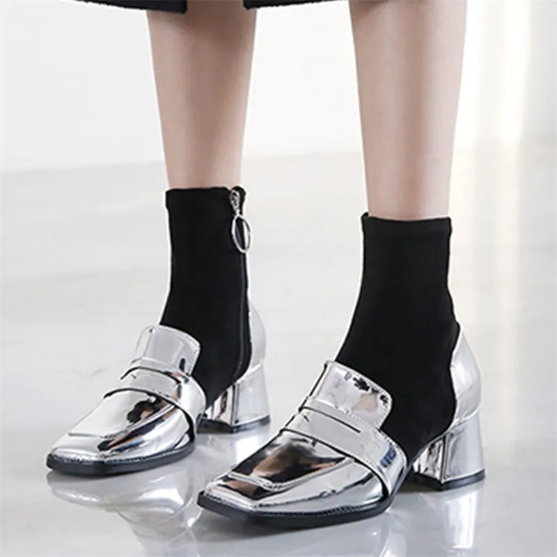 

Jady Rose Fashion Silver Patchwork Women Sock Boots Ladies Square Toe Ankle Boots Chunky High Heels Slim Fit Botas Mujer