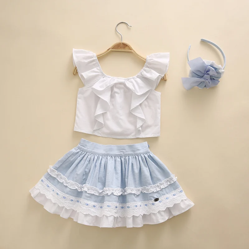 Cutestyles/Новинка; комплект одежды для девочек; белая хлопковая блузка и небесно-голубая юбка с головной убор; милая детская одежда; EG-DMCS201-C142