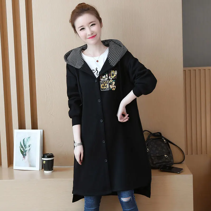 Тонкая осенняя одежда, стиль, большой размер, платье с принтом Микки, корейский стиль, Свободное пальто средней длины, Женское пальто с длинным рукавом