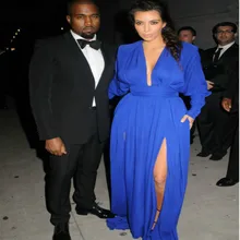 Ким Кардашьян Королевский синий знаменитостей платье размера плюс с длинным рукавом глубокий затычка формальное красное ковровое платье Разрезы спереди вечернее платье