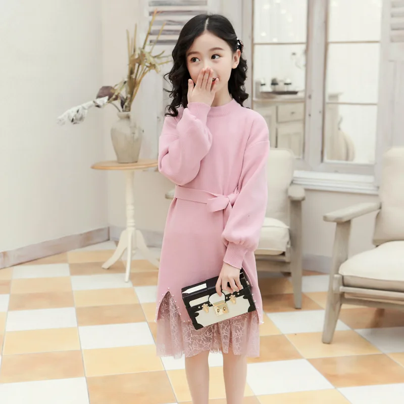 Детский костюм для девочек Новинка года, осенне-зимняя одежда для детей длинное платье-свитер для больших мальчиков+ кружевная юбка комплекты одежды из 2 предметов для девочек CLS308