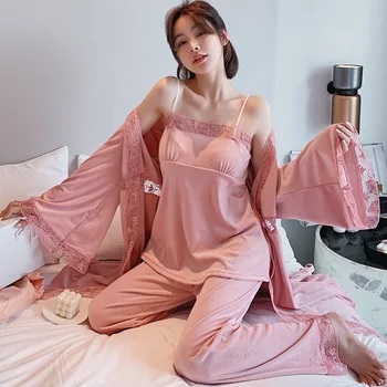 

Autumn and Winter Retro Palace Style Element Island Velvet Nightgown Pajamas Three-piece Suit for Homewear Women Pajama Set