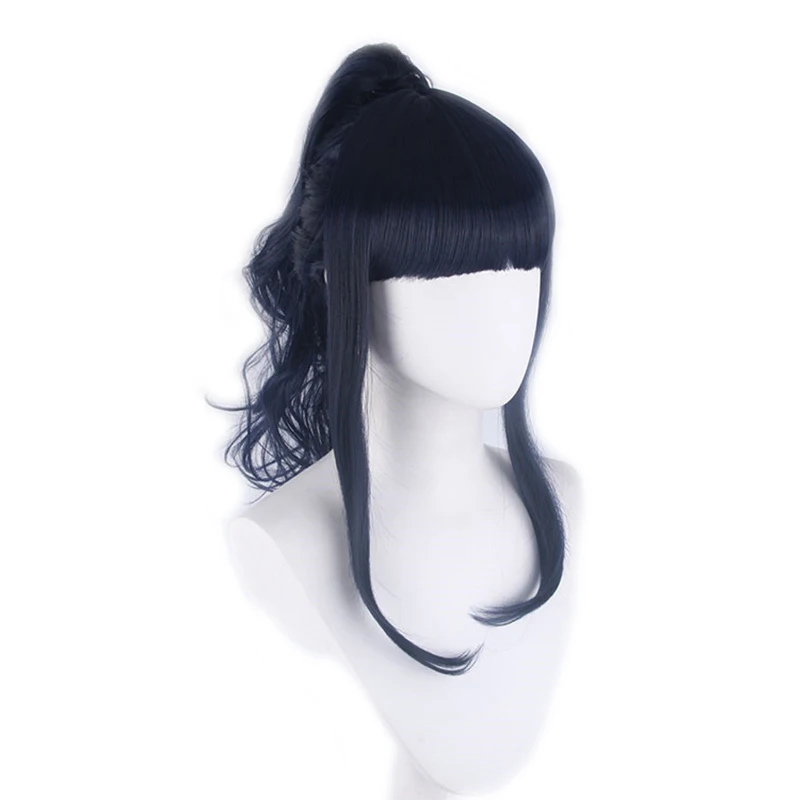 

Hyuga Hinata Wigs Cosplay Costume Anime NARUTO Black Blue Straight Neat Bangs and Curly Ponytail Hair Wig + Hairnet