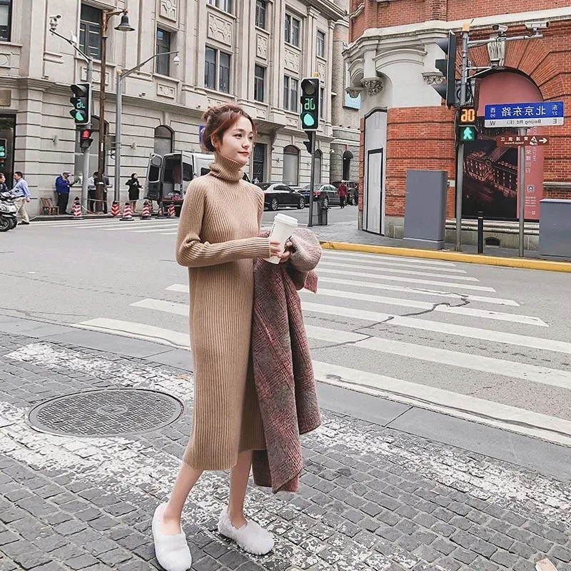 Вязаный свитер платье-водолазка pull femme hiver зимняя одежда для женщин kazak трикотажный свитер sueter mujer invierno - Цвет: Коричневый