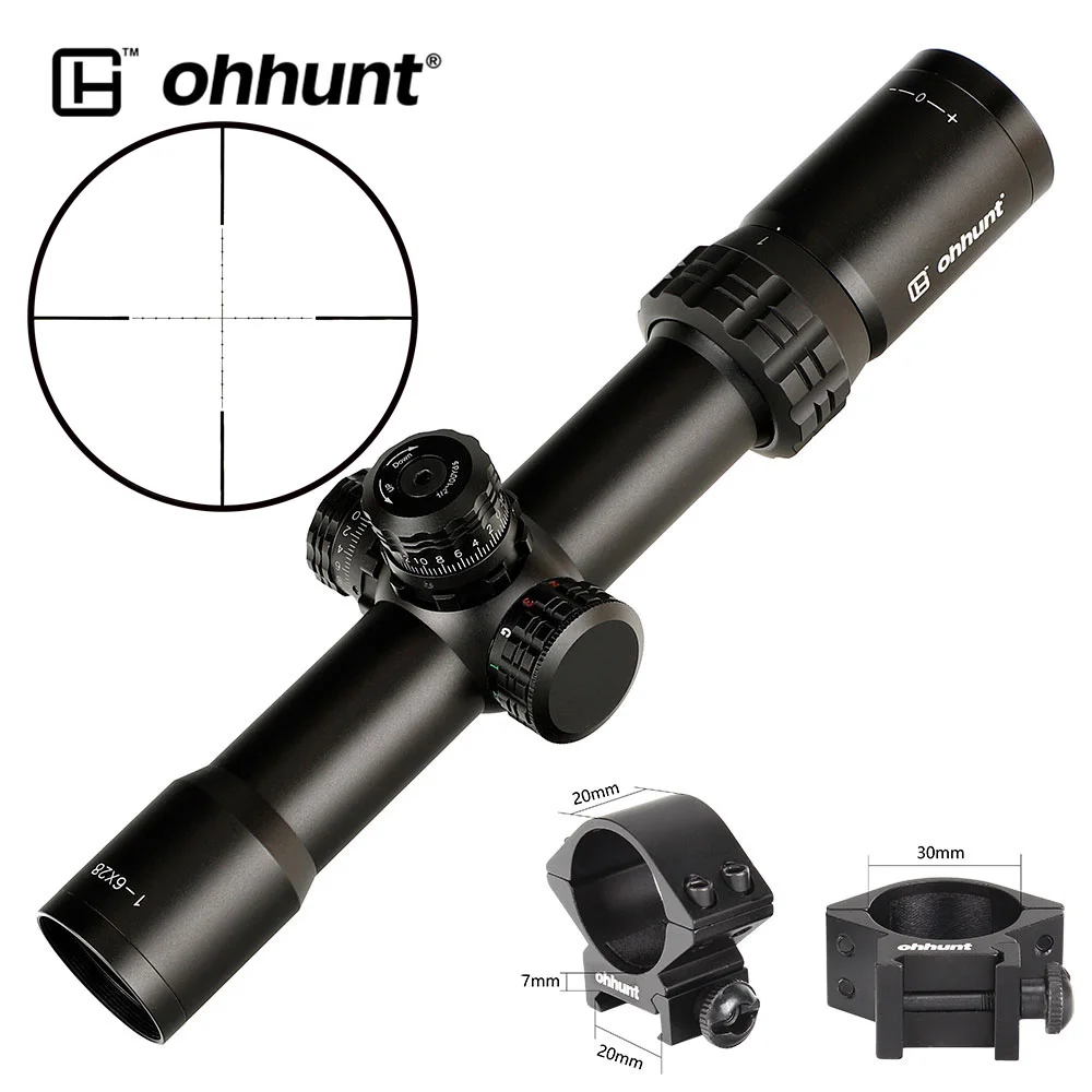 Ohhunt тонкий край 1-6x28 ИК охотничий оптический прицел Mil точка красный зеленый синий светящаяся сетка со стопор башни Сброс прицел - Цвет: Low Picatinny Rings