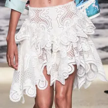 Подиумная Дизайнерская Женская юбка с высокой талией, весна, элегантная белая кружевная открытая мини-юбка с вышивкой для женщин