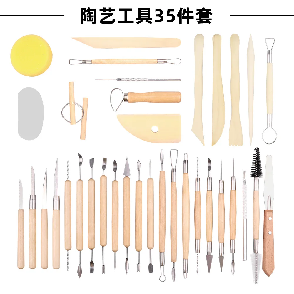 35pcs Clay Tools Pottery Sculpting Tool and Supplies Wooden Handle and Metal Head Pottery Carving Tool Kit for Beginner Artists