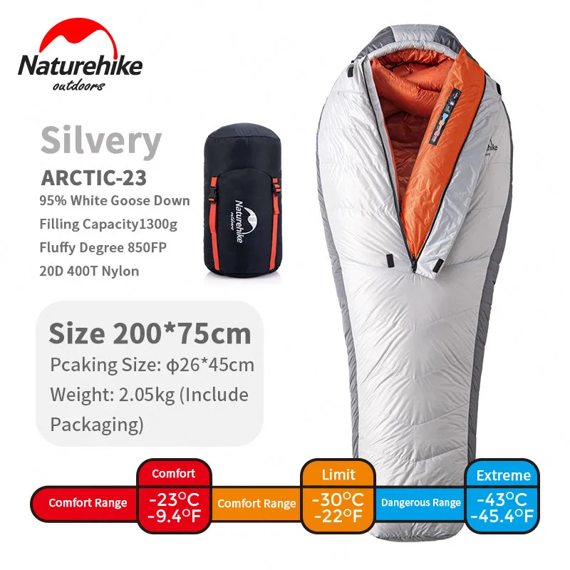 Silvery-1300g Naturehike зимний спальный мешок 1300 г гусиный пух Наполнение-23℃ Мумия тепловой спальный мешок центр молния утолщенный воротник теплый - Цвет: Silvery-1300g