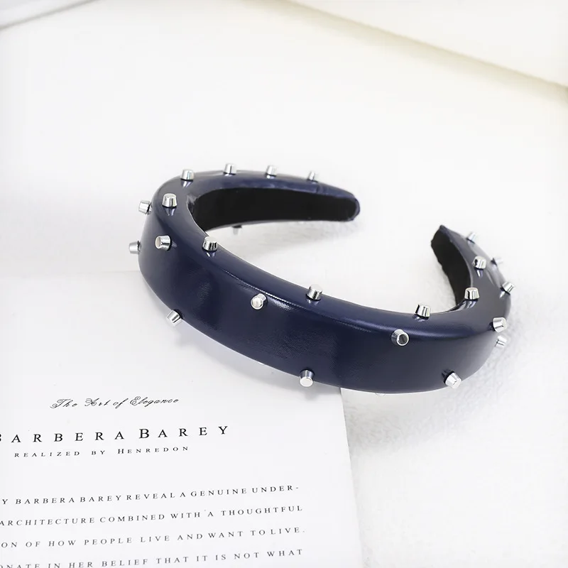C741 navy Винтажные Однотонные резинки для волос из искусственной кожи с заклепками для женщин, заколки для волос головная повязка, аксессуары для волос для девочек, Haar Hairband opaska - Цвет: C741 navy