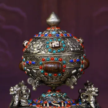 고대 티베트 신전 컬렉션 모자이크 보석 gZi 구슬, 기도 바퀴, 사자 찬송, 불교 유물 타운 하우스, 6 인치 실버