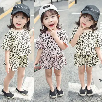

1-5years Kids Girls Clothing Set Leopard Print Short Sleeve T-Shirt For Girls Tops Brown Pink Shorts Girls Sets Clothes Kid Suit