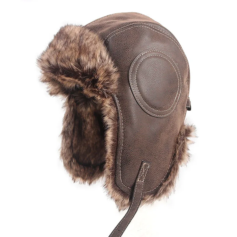 Earflap Ushanka Warm Fur Hat Leather Army Helmet Bomber Men Trapper Pilot Aviator Costume Cap With Goggle Soviet For Women thermal aviator bomber hat