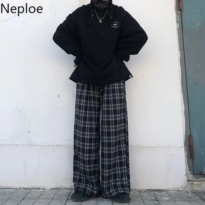 Neploe Ins, Ретро стиль, высокая талия, бедра, в клетку, полосатые брюки, свободные, повседневные, уличная одежда, широкие штаны, унисекс, осень, весна, Pantalones