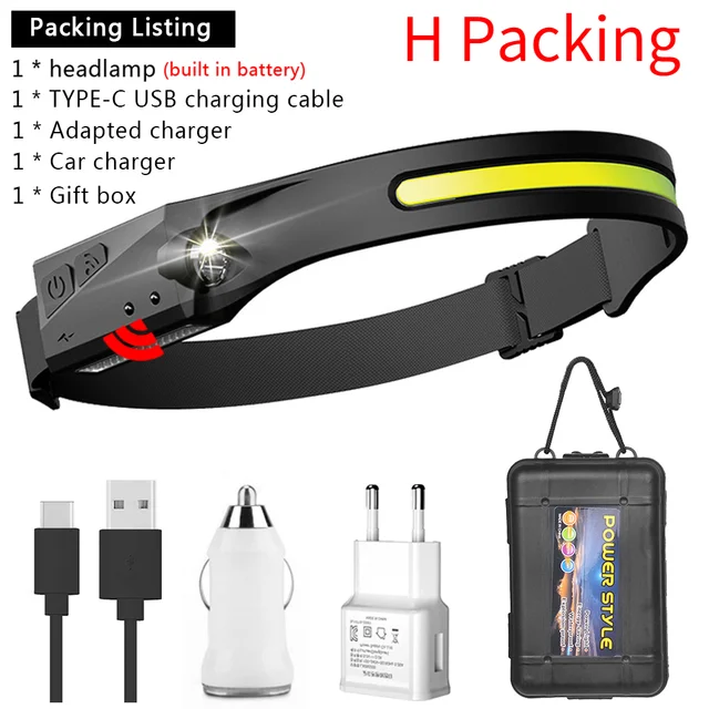 Induction Headlamp COB LED Head Lamp with Built-in Battery Flashlight USB Rechargeable Head Torch 5 Lighting Modes Head Light H Packing