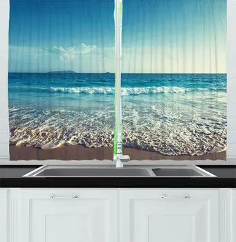 

Modern Kitchen Curtains Sunset on Seychelles Beach Summer Holiday Exotic Shore Dreamy Tropic Sun Design Print Window Drapes
