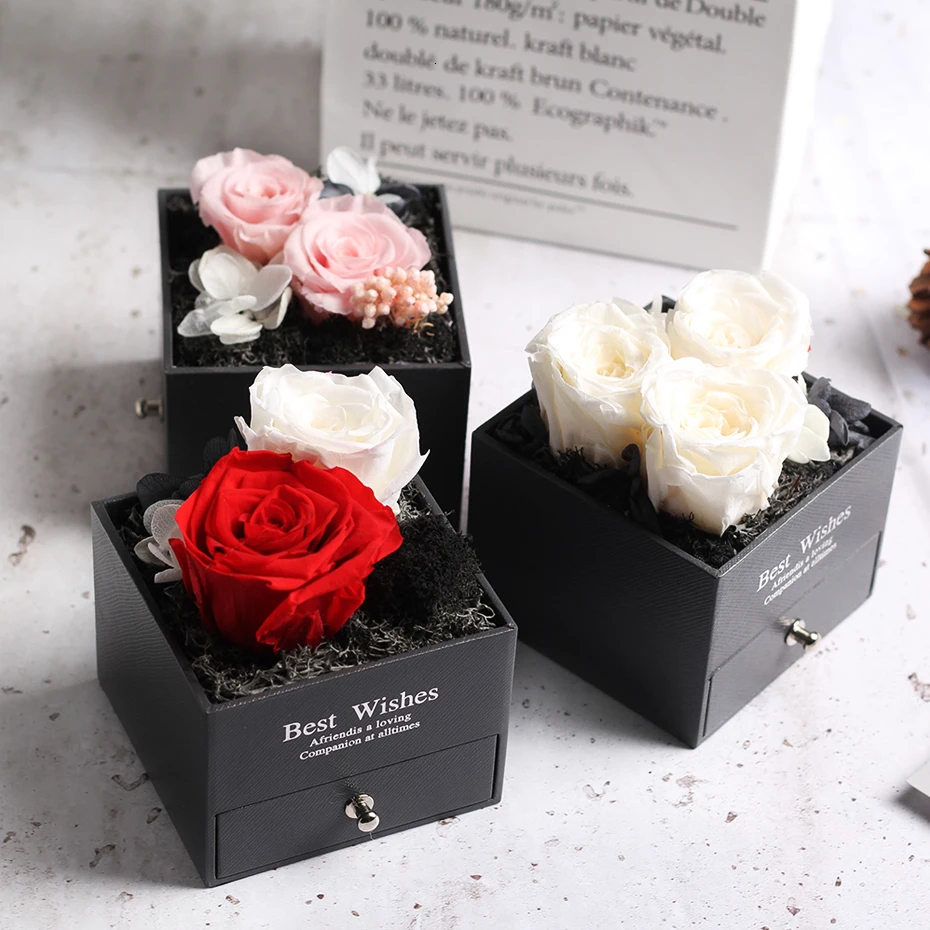 Роза консервированные цветок коробка для ювелирных изделий свадебный сувенир День Святого Валентина подарок День святого Валентина День рождения красивый подарок для матери
