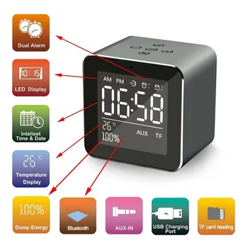 

Portable Mini Wireless Bluetooth Speaker Metal Wireless Bass Stereo subwoofer led Alarm clock speaker Support TF Music Center