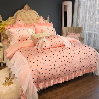 

Peach Dots printed Duvet Cover Set Bow Ties Princess Girls 4/6/9Pcs Queen King size Egyptian Cotton Soft Silky Bedding set sheet
