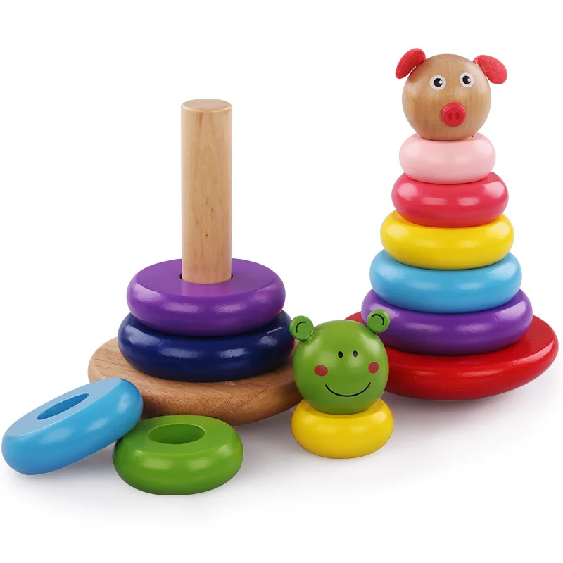 Children s wooden educational toy colored animal building tower cute animal shape building blocks cognitive game 2