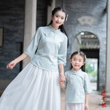 

f6238 parent-child clothes 2020 summer Xiaoqing new cotton linen embroidered shirt two piece chiffon long skirt